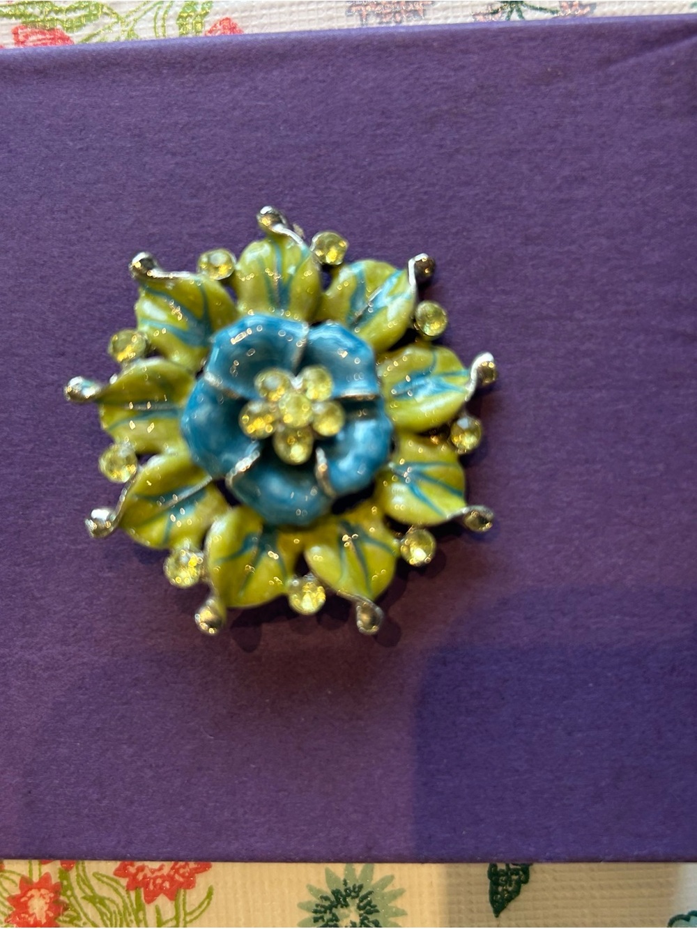 Vintage Blue and Lime Floral Enamel Brooch - Women's Jewelry
